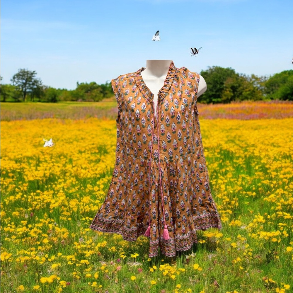 Babydoll Vibrant Sleeveless summer ruffle block print mini Dress with Tassels